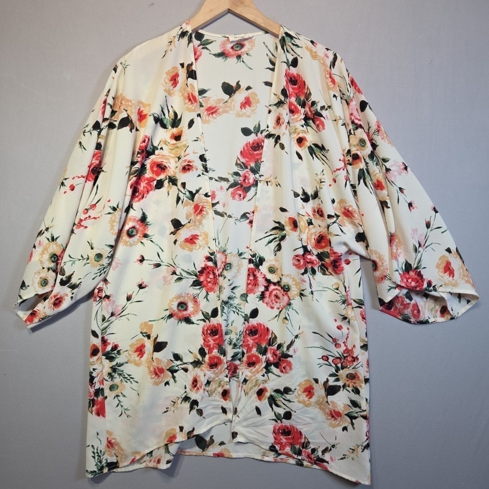 Beautiful Adora floral kimono cardigan in an ivory cream color with pink, coral,